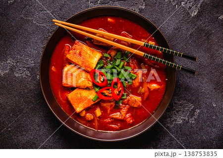 Korean traditional food, spicy kimchi soup (kimchi tige) with pork and tofu cheese. 138753835