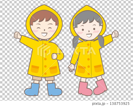 雨の日の合羽姿の子供たち　梅雨 138753925