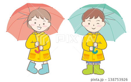 雨の日の合羽姿の子供たち　梅雨　傘 138753926