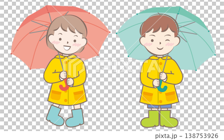 雨の日の合羽姿の子供たち　梅雨　傘 138753926