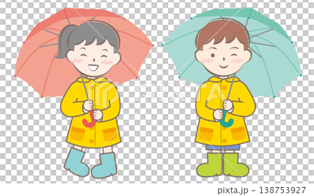 雨の日の合羽姿の子供たち　梅雨　傘 138753927