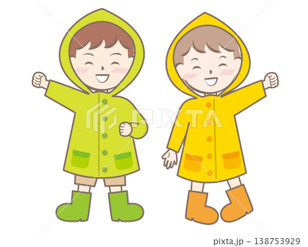 雨の日の合羽姿の子供たち　梅雨 138753929