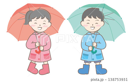 雨の日の合羽姿の子供たち　梅雨　傘 138753931