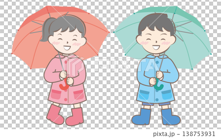 雨の日の合羽姿の子供たち　梅雨　傘 138753931