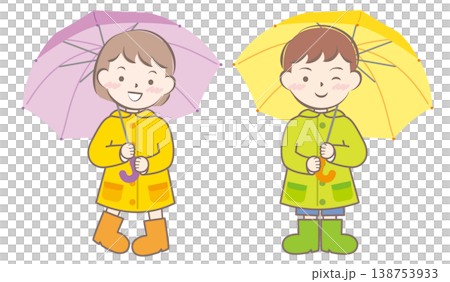 雨の日の合羽姿の子供たち　梅雨　傘 138753933