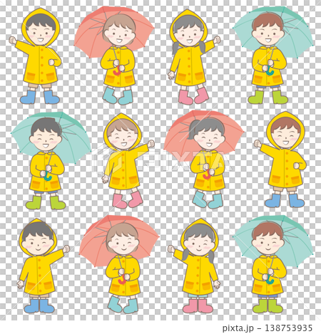 雨天裡穿著雨衣的孩子們;雨季;雨傘 雨天裡穿著雨衣的孩子們;雨季;雨傘 138753935