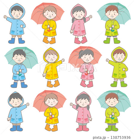 雨の日の合羽姿の子供たち　梅雨　傘 138753936