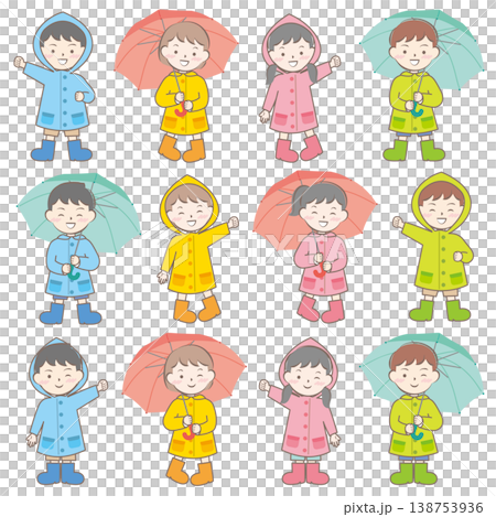 雨の日の合羽姿の子供たち　梅雨　傘 138753936