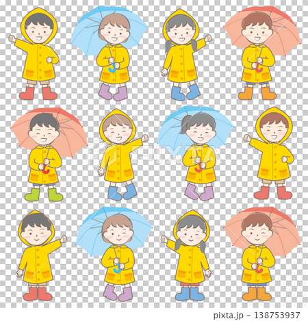 Children in raincoats on a rainy day; rainy season; umbrellas Children in raincoats on a rainy day; rainy season; umbrellas 138753937