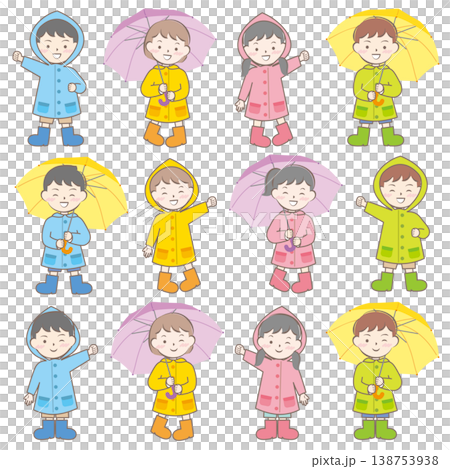 Children in raincoats on a rainy day; rainy season; umbrellas 138753938