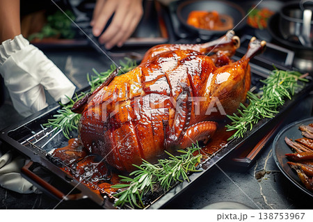 Peking duck traditional asian chinese restaurant dish, fried poultry with crispy skin. 138753967