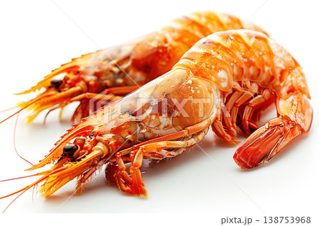Shrimp boiled in bulk, white background isolate. Sea orange food, culinary ingredient shellfish. 138753968