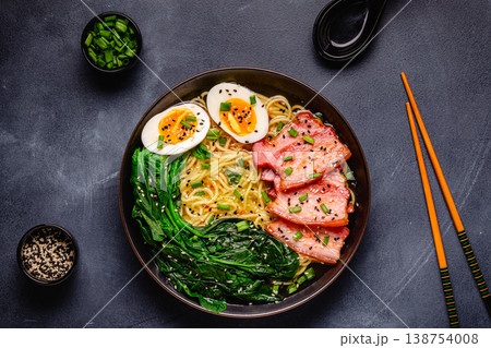 Traditional ramen noodle soup with brisket, spinach and egg. Traditional ramen noodle soup with brisket, spinach and egg. 138754008