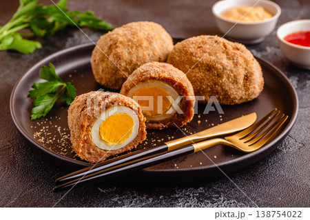 Traditional Scotch Eggs on a black plate. Traditional Scotch Eggs on a black plate. 138754022