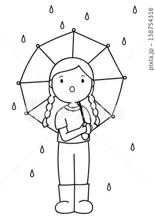 雨の中傘をさす女の子の線画イラスト透明背景 雨の中傘をさす女の子の線画イラスト透明背景 138754316