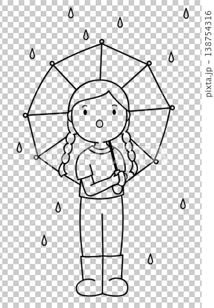雨の中傘をさす女の子の線画イラスト透明背景 雨の中傘をさす女の子の線画イラスト透明背景 138754316
