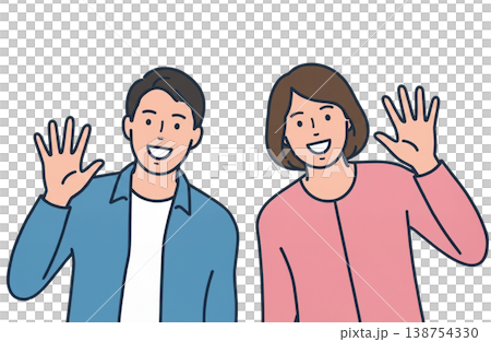 插圖為一男一女面帶微笑揮手，背景透明。 138754330