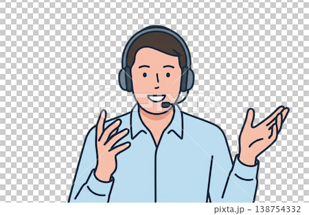A transparent background illustration of a male operator talking while wearing an intercom. 138754332
