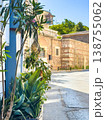 Green plants and foliage beside a cobblestone street in a historic town with stone buildings and clear blue sky above 138755062