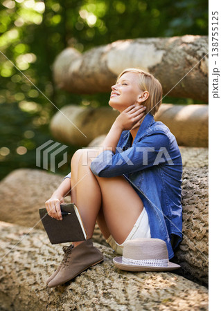 Nature woman, park and relax with book journal about natural wellness, stress relief or summer travel. Study notebook, tree log and person inspiration for creative spring story, notes or sunshine Nature woman, park and relax with book journal about natural wellness, stress relief or summer travel. Study notebook, tree log and person inspiration for creative spring story, notes or sunshine 138755125