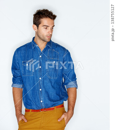 Thinking, stylish and a man with clothes for fashion, trendy and denim on a white background. Young, cool and a person or model with an idea, shirt or hipster clothing on a backdrop for style Thinking, stylish and a man with clothes for fashion, trendy and denim on a white background. Young, cool and a person or model with an idea, shirt or hipster clothing on a backdrop for style 138755127