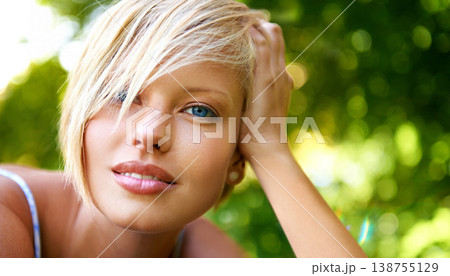Relax, nature and portrait of happy woman in park for holiday in summer on outdoor adventure. Smile, freedom and face of girl in garden for weekend in countryside with sunshine on vacation in Sweden. 138755129