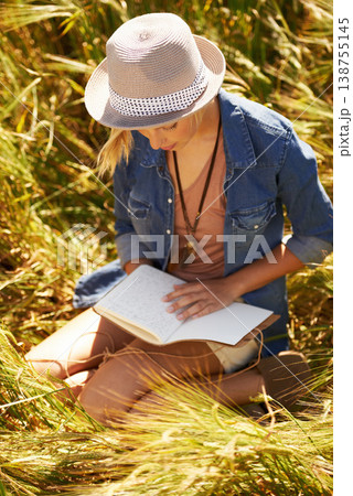 Nature field, book and woman reading diary entry about spring wellness, stress relief or creative story in countryside. Notebook, planner and person check journal notes, information or. travel letter Nature field, book and woman reading diary entry about spring wellness, stress relief or creative story in countryside. Notebook, planner and person check journal notes, information or. travel letter 138755145