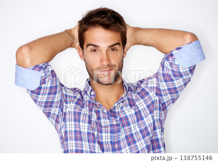Portrait, fashion and confident with a trendy man in studio on a white background for clothing style. Face, smile and a happy young model in a clothes outfit to relax in casual wear for comfort Portrait, fashion and confident with a trendy man in studio on a white background for clothing style. Face, smile and a happy young model in a clothes outfit to relax in casual wear for comfort 138755146