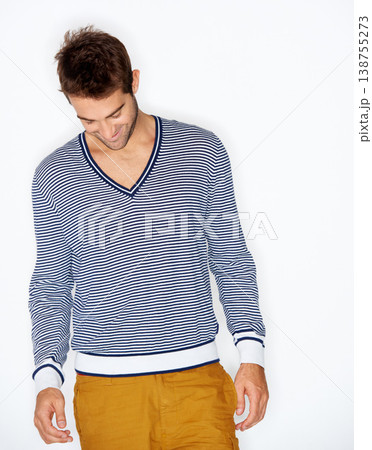 Fashion, clothes and casual with a model in studio on a white background for trendy hipster style. Man, natural and cool with a confident young person in a clothing outfit to relax for comfort 138755273