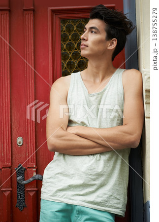Thinking, arms crossed and serious man at door of home, outdoor and contemplating. Vision, planning and confident person at doorway or entrance of house with idea for fashion, style or trendy clothes Thinking, arms crossed and serious man at door of home, outdoor and contemplating. Vision, planning and confident person at doorway or entrance of house with idea for fashion, style or trendy clothes 138755279
