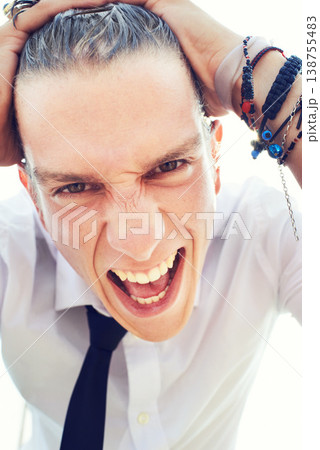 Portrait, punk and man with wet hair, excited and celebration with expression, reaction or emotions. Face, person and guy with jewelry, fashion or trendy style with edgy outfit, screaming or shouting Portrait, punk and man with wet hair, excited and celebration with expression, reaction or emotions. Face, person and guy with jewelry, fashion or trendy style with edgy outfit, screaming or shouting 138755483