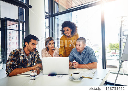 Planning, web design and team in office with laptop, market research or problem solving in development of project. Website, designer and people with technology for online marketing, SEO or strategy 138755662