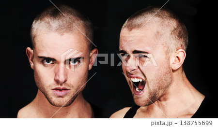 Mental health, portrait and man with bipolar, disorder or illness in studio with scream or fear. Composite, guy and male person with trauma, anxiety or schizophrenia on black background or face Mental health, portrait and man with bipolar, disorder or illness in studio with scream or fear. Composite, guy and male person with trauma, anxiety or schizophrenia on black background or face 138755699