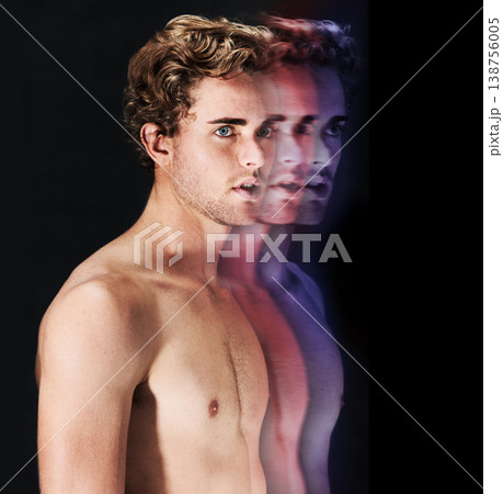 Mental health, man with multiple personality and double exposure in studio isolated on black background. Psychology, body of sick person with dissociative identity disorder and depression or anxiety Mental health, man with multiple personality and double exposure in studio isolated on black background. Psychology, body of sick person with dissociative identity disorder and depression or anxiety 138756005