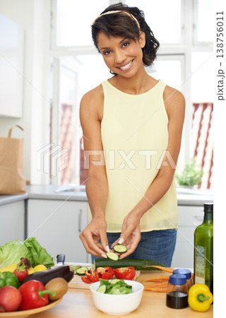 Portrait, salad and woman with vegetables, kitchen and smile with wellness, home and cooking. Person, happy and girl with healthy food, nutrition and fresh with meal, apartment and hungry with vegan Portrait, salad and woman with vegetables, kitchen and smile with wellness, home and cooking. Person, happy and girl with healthy food, nutrition and fresh with meal, apartment and hungry with vegan 138756011