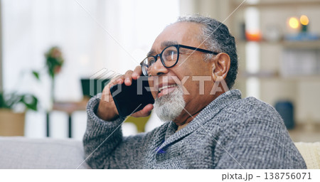 Senior man, happy and phone call on sofa with thinking, talking and contact in home living room. Elderly person, smartphone and smile for communication, conversation or relax on lounge couch in house Senior man, happy and phone call on sofa with thinking, talking and contact in home living room. Elderly person, smartphone and smile for communication, conversation or relax on lounge couch in house 138756071