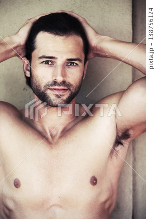 Chest, portrait and man in a bathroom for beauty, wellness or cosmetic treatment on wall background. Face, confident and guy model with dermatology, body care or shower routine results satisfaction 138756124