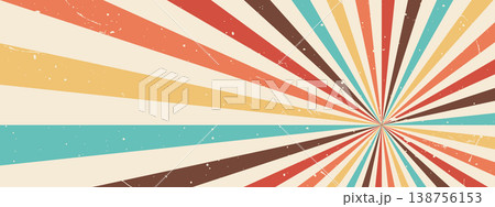 Retro sunburst background. Swirl and Starburst for groovy 70s disco design. Vintage summer Vector illustration 138756153