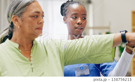 Nurse, old woman and rehabilitation with physical therapy, exercise and health with wellness, treatment and fitness. Office, stretching and physiotherapist with pensioner, elderly lady and healing 138756213