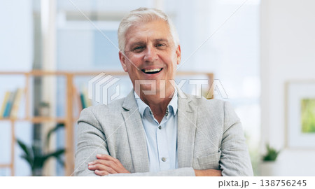 Portrait, arms crossed and happy senior business man in office with confidence, mindset or positive attitude. Face, smile or old male ceo with pride, laugh or excited at startup advertising agency Portrait, arms crossed and happy senior business man in office with confidence, mindset or positive attitude. Face, smile or old male ceo with pride, laugh or excited at startup advertising agency 138756245