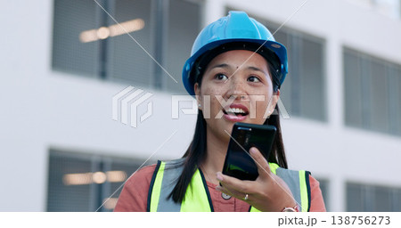 Outdoor, woman and phone call with engineer, conversation and connection with planning, network and speaking. Person, employee and architect with a smartphone, discussion and feedback in a city 138756273