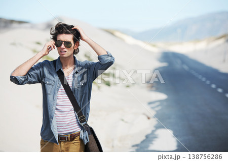 Man, lost and smartphone by road for location, call and search or transport with doubt. Person, travel and communication with technology for destination, phone and street in atlantis with cellphone 138756286