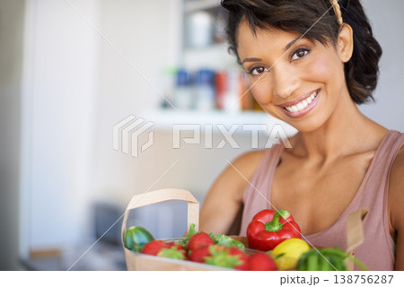 Happy woman, portrait and bag with groceries, vegetables or fresh produce in kitchen for meal at home. Female person or shopper smile with grocery resources, fruits or veg for food or health at house Happy woman, portrait and bag with groceries, vegetables or fresh produce in kitchen for meal at home. Female person or shopper smile with grocery resources, fruits or veg for food or health at house 138756287