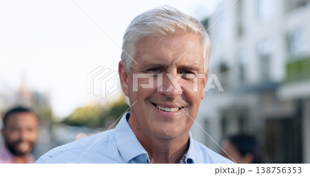 Business, travel and portrait of senior man in a city street with confidence, smile or positive mindset. Worker, face and elderly executive excited for international, trip or urban town opportunity 138756353