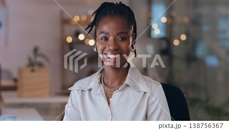 Portrait, office and black woman with business, night and smile with career, agency and professional. Face, African person and employee with happiness, evening and consultant with agent and worker Portrait, office and black woman with business, night and smile with career, agency and professional. Face, African person and employee with happiness, evening and consultant with agent and worker 138756367