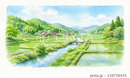 新緑の川と田園風景の横長壁紙イラスト 新緑の川と田園風景の横長壁紙イラスト 138756435