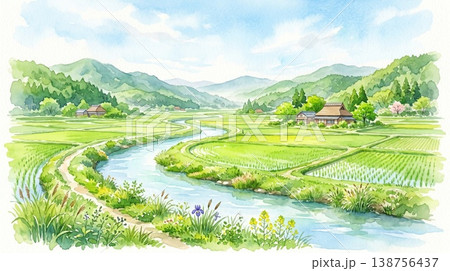 新緑の川と田園風景の横長壁紙イラスト 新緑の川と田園風景の横長壁紙イラスト 138756437