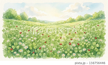 クローバー畑の横長壁紙イラスト 春の野原 138756446