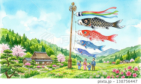 ファミリー鯉のぼりセットの横長壁紙イラスト ファミリー鯉のぼりセットの横長壁紙イラスト 138756447