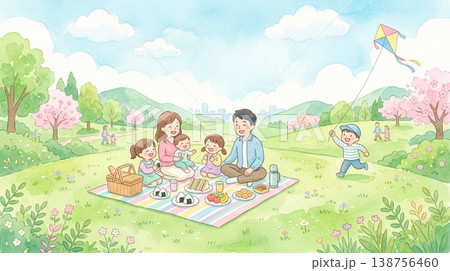 ゴールデンウィーク家族ピクニックの横長壁紙イラスト 138756460
